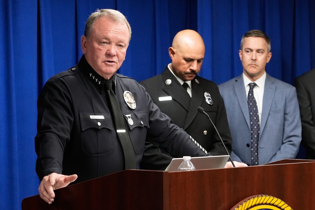 Los Angeles Police Chief Jim McDonnell speaks at a news conference about an arrest in the Palisades Fire.
