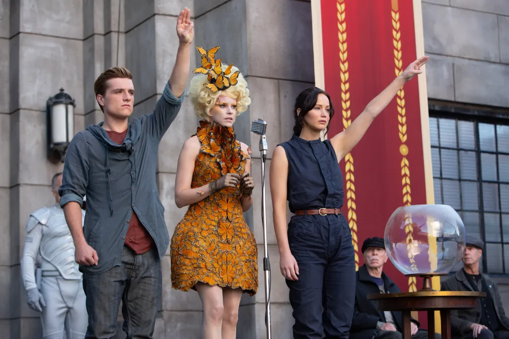Actors Josh Hutcherson, Elizabeth Banks, and Jennifer Lawrence on the set of the film,
