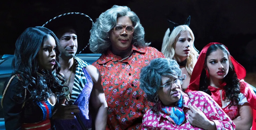 From left, Diamond White, Yousef Erakat, Tyler Perry, Patrice Lovely, Lexy Panterra, and Inanna Sarkis in 