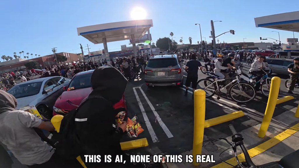 Flash mob robbery at a gas station with people on bikes and cars.