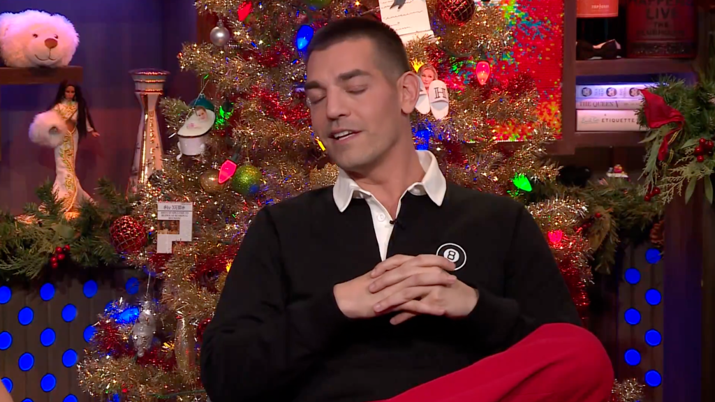 Matt Rogers speaking in front of a Christmas tree.