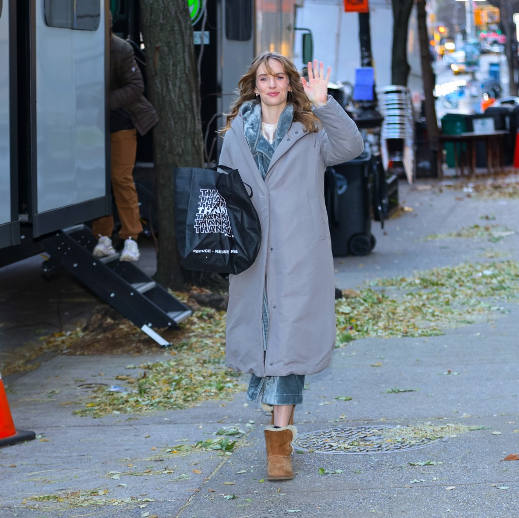 Maya Hawke walking on the set of 'One Night Only' in New York City.