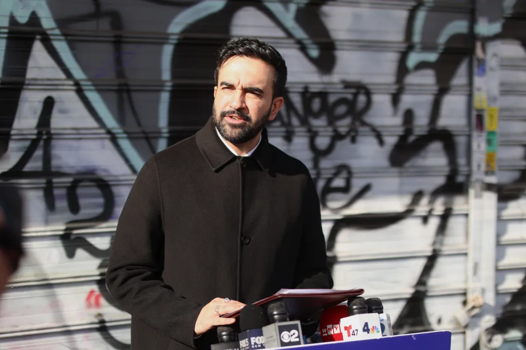 Mayor-elect Zohran Mamdani speaking to press outside of the 2025 National Action Network Thanksgiving Feeding.