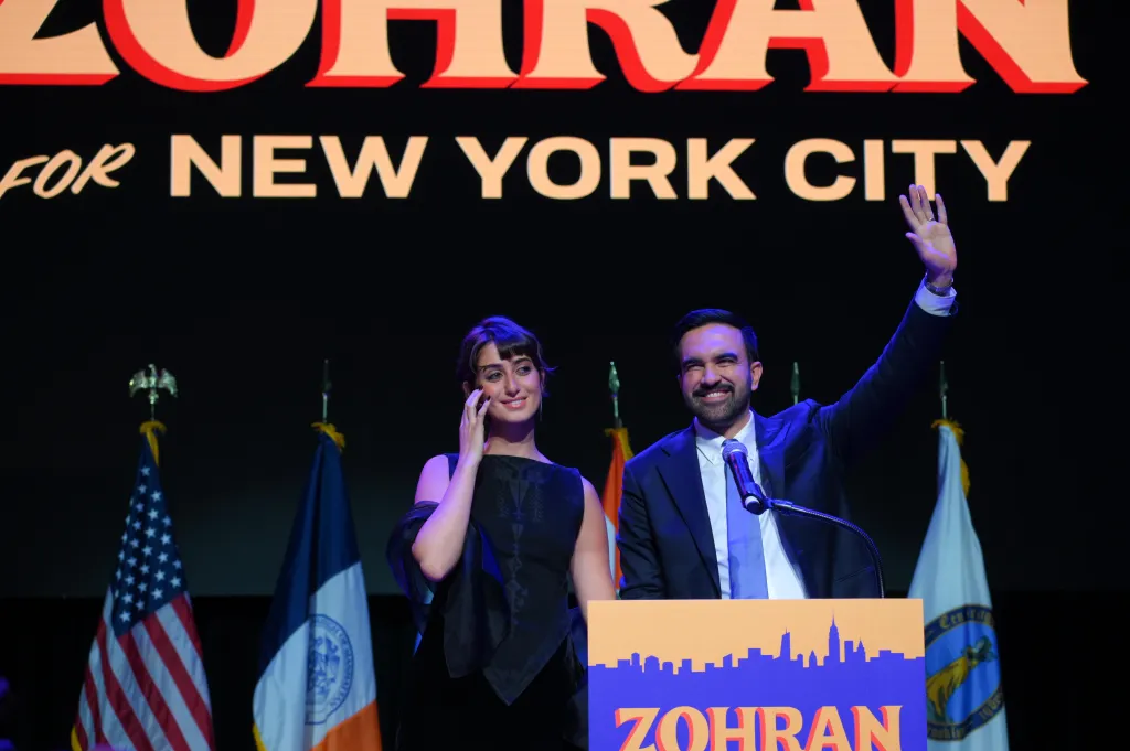 NYC Mayor-elect Zohran Mamdani and his wife, Rama Duwaji, on stage after winning the mayoral race on Nov. 5, 2025.