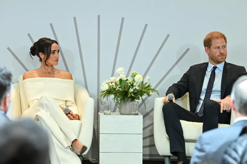 Meghan Markle and Prince Harry speaking onstage at The Archewell Foundation Parents’ Summit.
