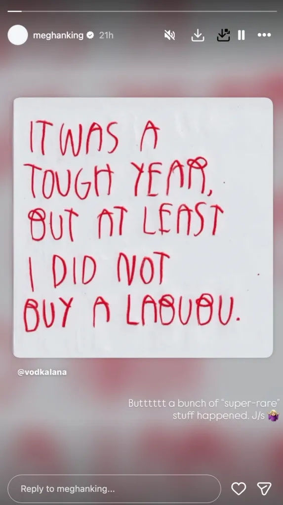 A social media post by meghanking shows a white square with red handwritten text that reads 