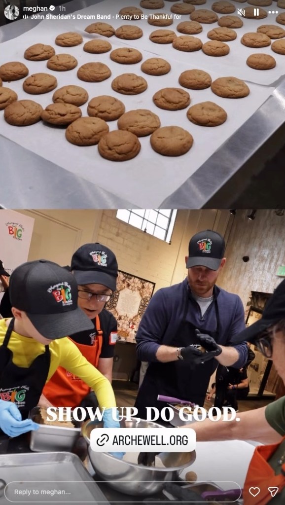 Prince Harry, in a blue shirt and black baseball cap and black gloves baking cookies with Prince Archie in a black baseball cap and yellow long-sleeved t-shirt.