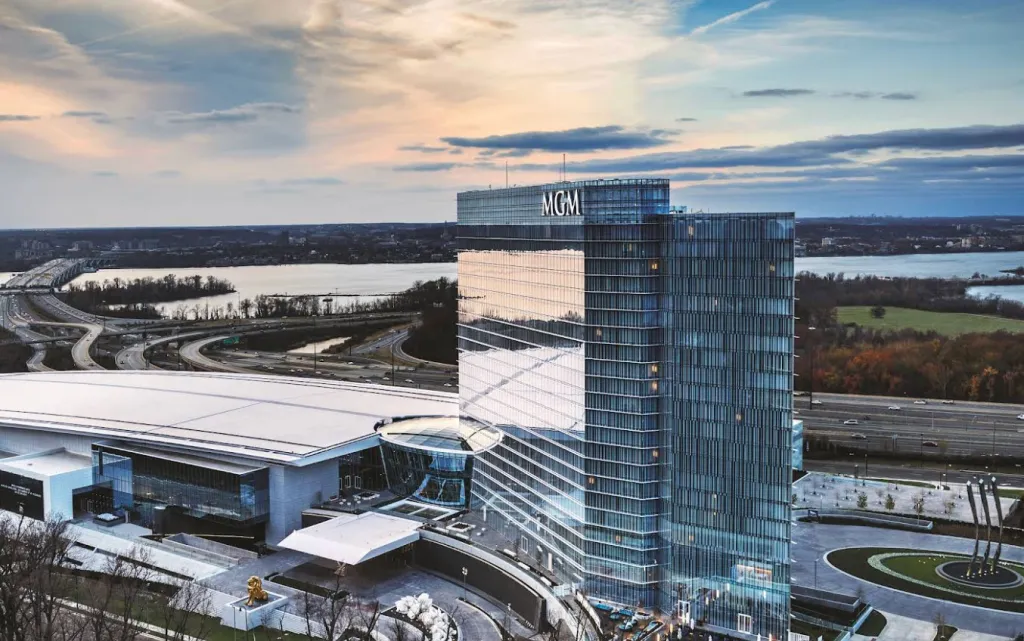 MGM National Harbor Hotel & Casino with a freeway and river in the background.