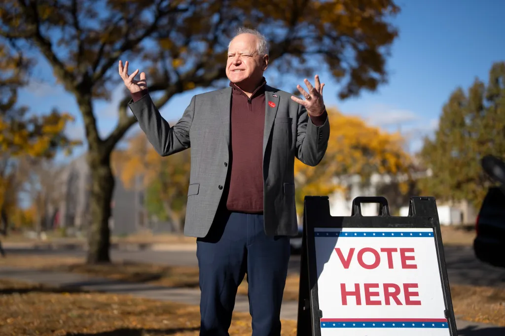 Minnesota Gov. Tim Walz speaks to the press after early voting at Ramsey County Elections in St. Paul on Oct. 23, 2024.