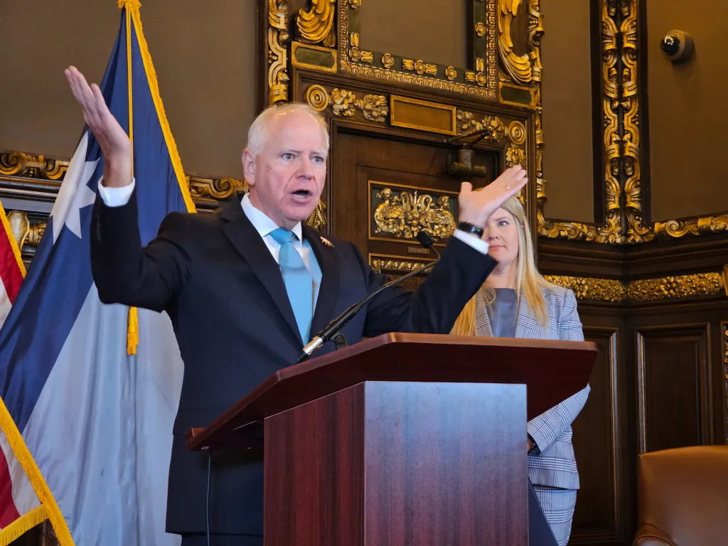 Minnesota Gov. Tim Walz expresses frustration with President Donald Trump and congressional Republicans over the federal government shutdown during a news conference at the State Capitol in St. Paul, Minn., Thursday, Oct. 2, 2025. 