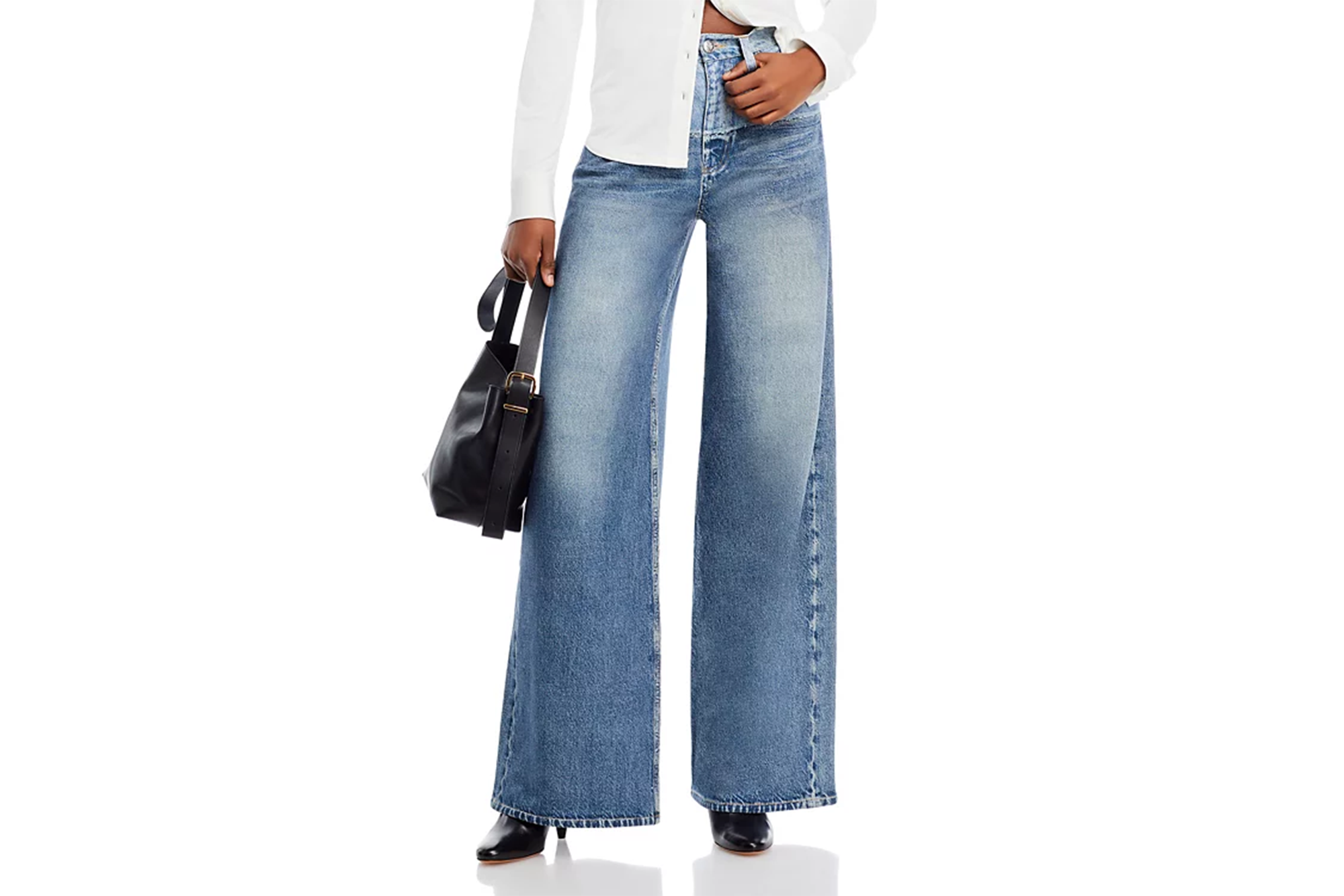 A model in wide-leg jeans