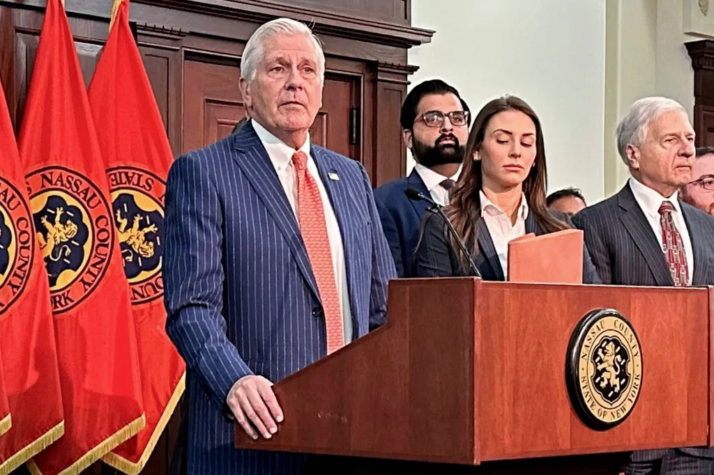 Nassau County Executive Bruce Blakeman speaks at a podium.