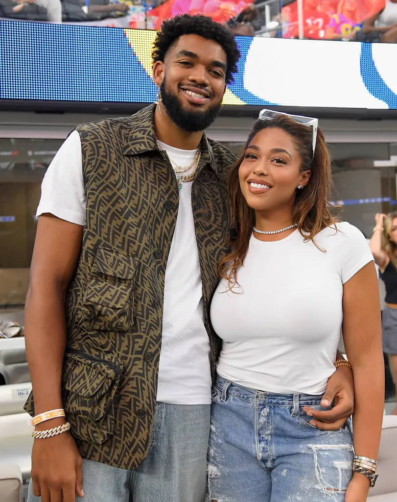 NBA athlete Karl-Anthony Towns and model Jordyn Woods attend the NFL game between the Los Angeles Rams and the Buffalo Bills at SoFi Stadium.