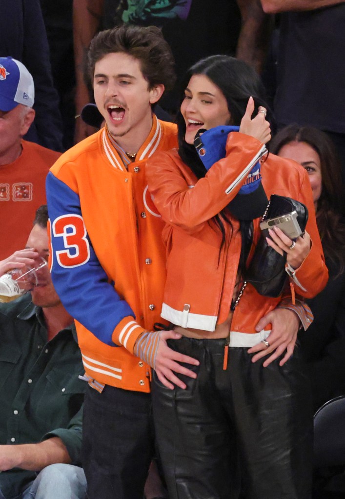 Timothee Chalamet and Kylie Jenner watching the NBA Eastern Conference Finals Game 5 between the Indiana Pacers and the New York Knicks.