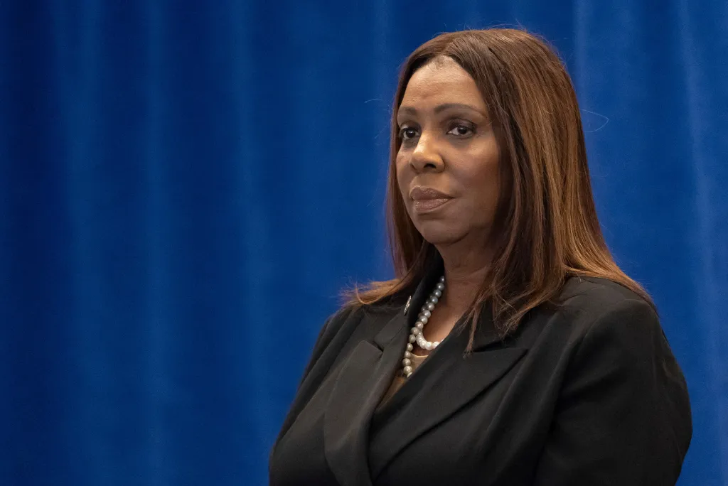 New York Attorney General Letitia James speaking at a press conference.