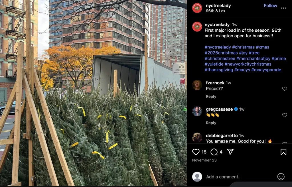 Christmas trees bundled and ready for sale, with a truck and city buildings in the background.