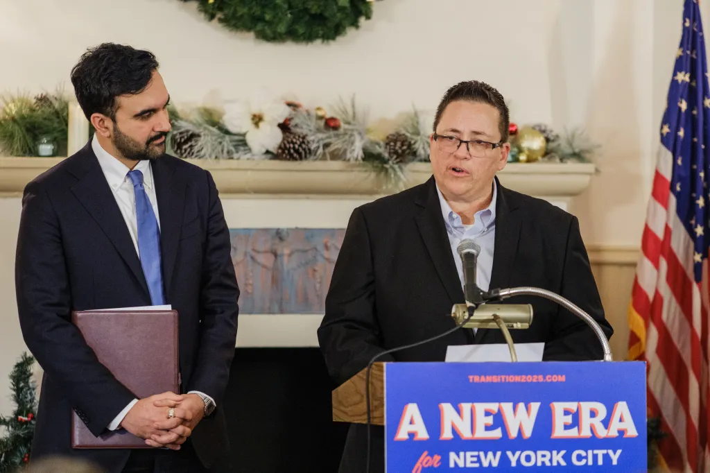New York City mayor-elect Zohran Mamdani and Lillian Bonsignore at a press conference.