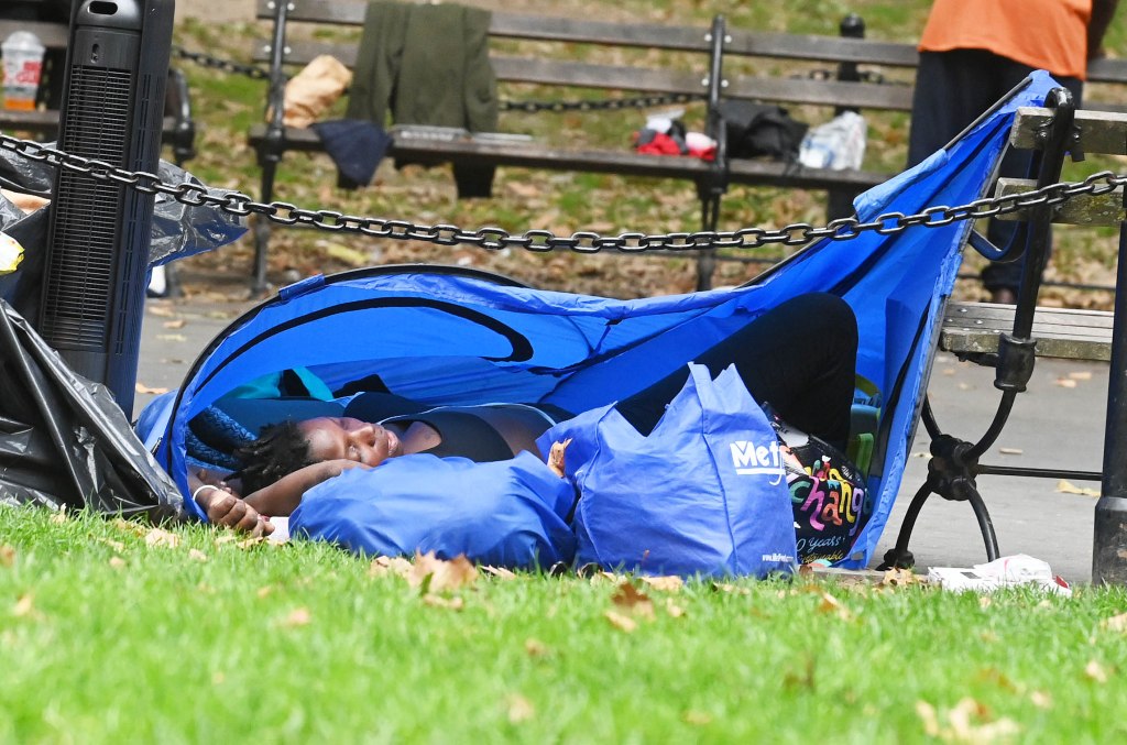 Homeless woman sleeping in a blue tent in Washington Square Park.