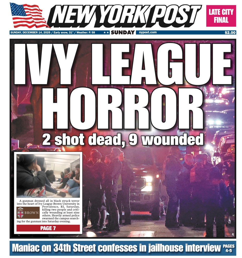 New York Post cover for Sunday, December 14, 2025. The headline reads: