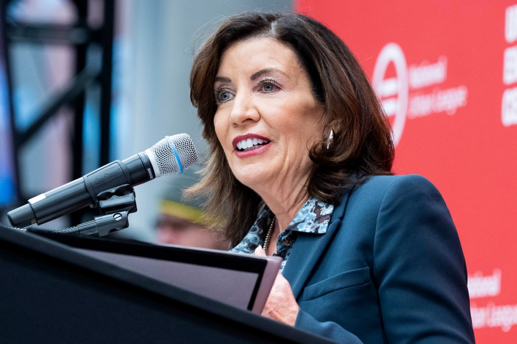 New York State Governor Kathy Hochul speaking at the Urban League Empowerment Center.