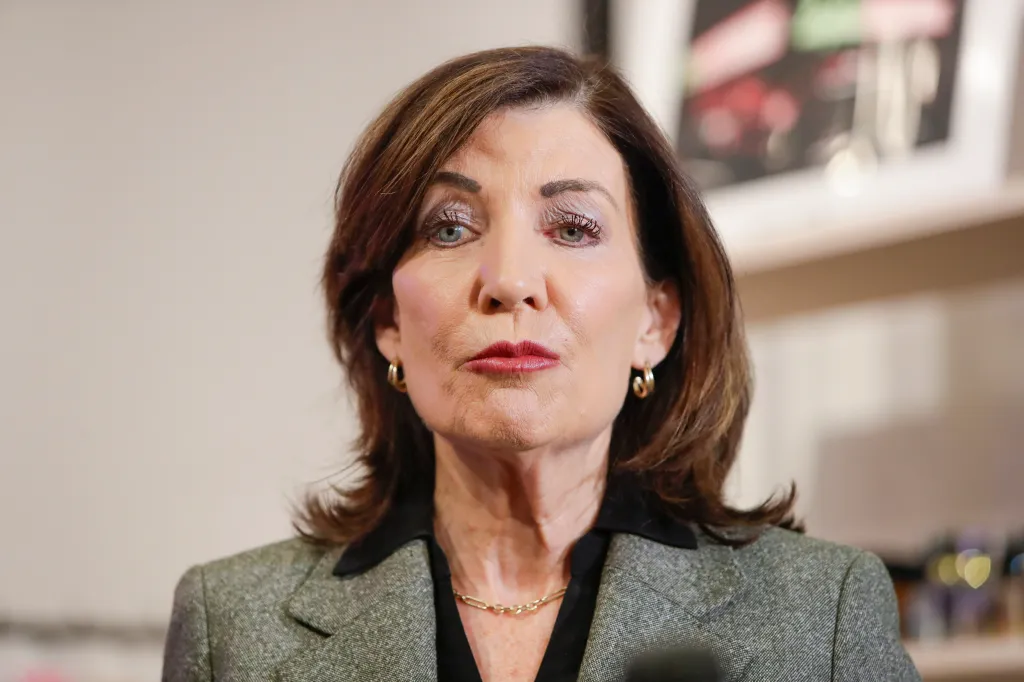 New York State Governor Kathy Hochul speaks during a press conference.