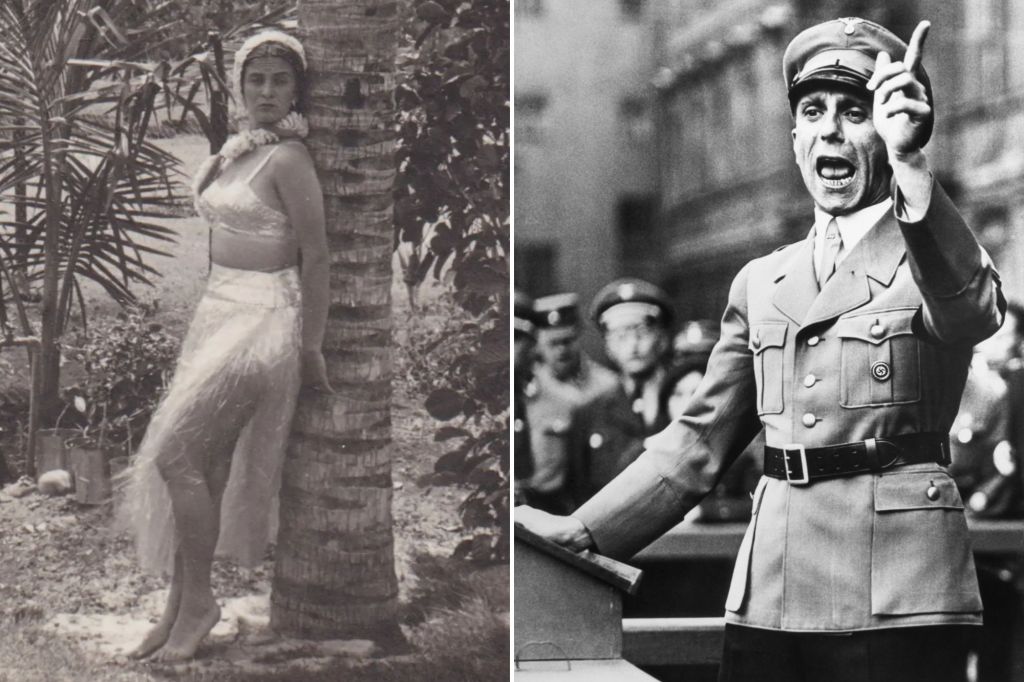 An image collage containing 2 images, Image 1 shows Woman in a bra and grass skirt with a lei around her neck, leaning on a palm tree, Image 2 shows Joseph Goebbels at a podium, yelling with his right arm raised and finger pointing