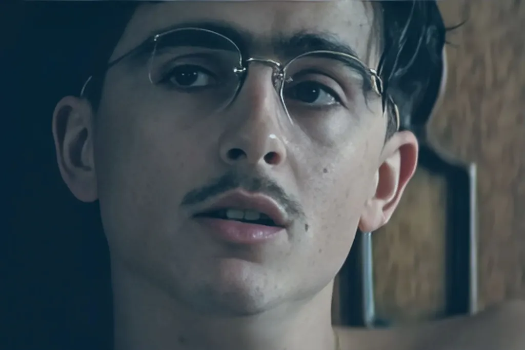 An image collage containing 1 images, Image 1 shows Portrait of Timothée Chalamet wearing glasses and a mustache