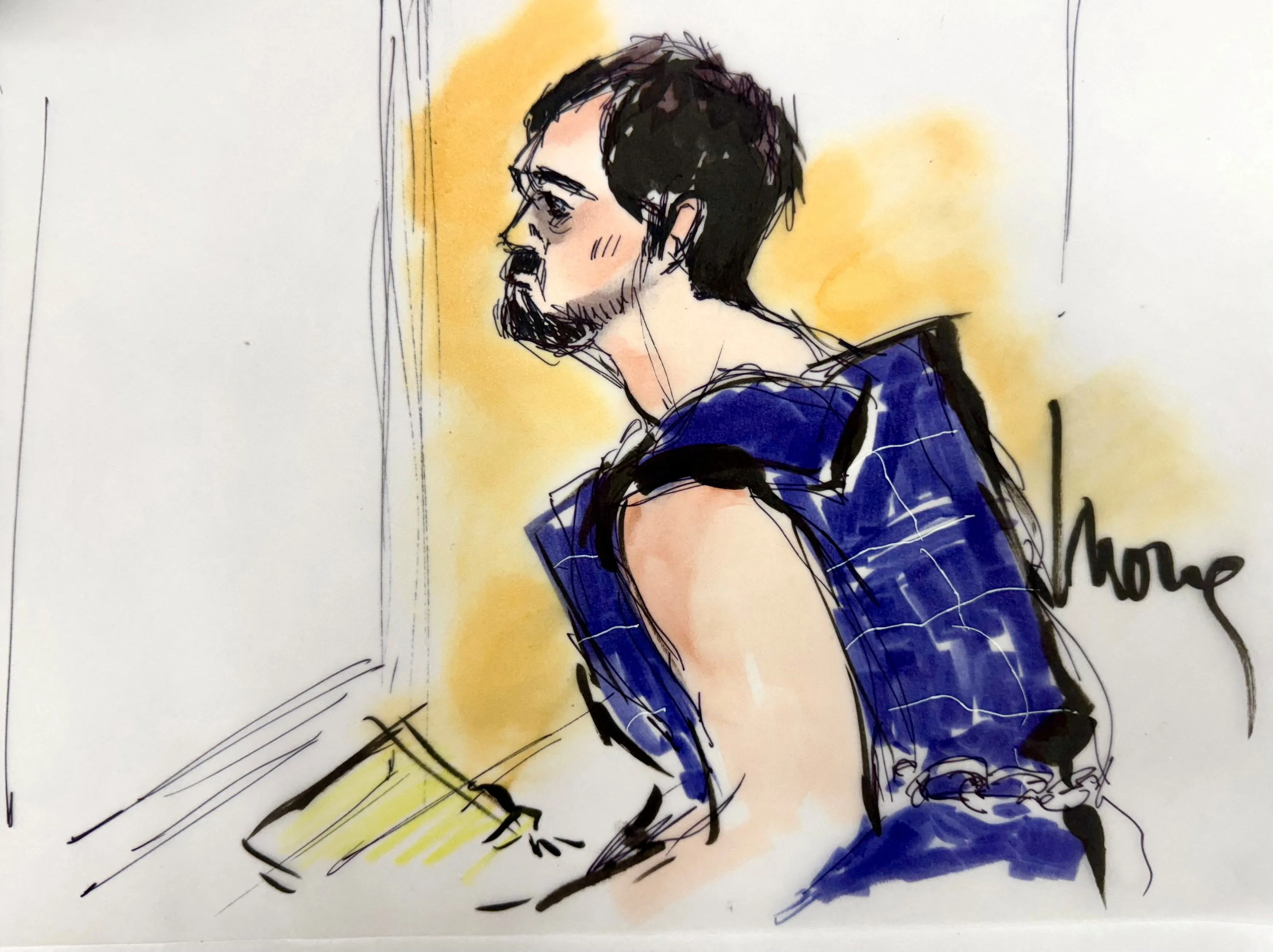 Illustration of Nick Reiner in a blue protective vest, in a courtroom sketch, wearing chains on his wrist.
