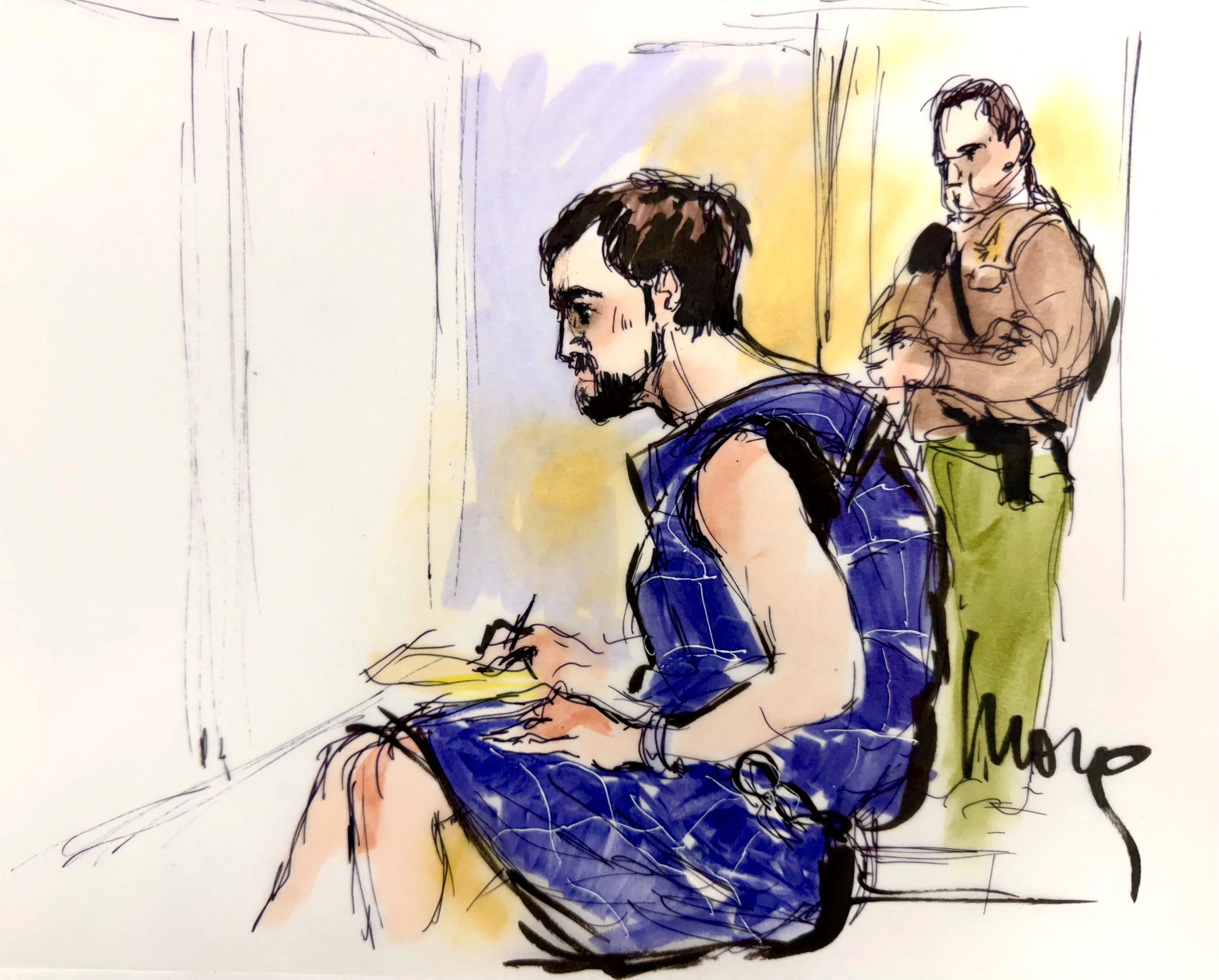 Illustration of Nick Reiner in a blue protective vest, at his first court appearance, with a police officer standing behind him.