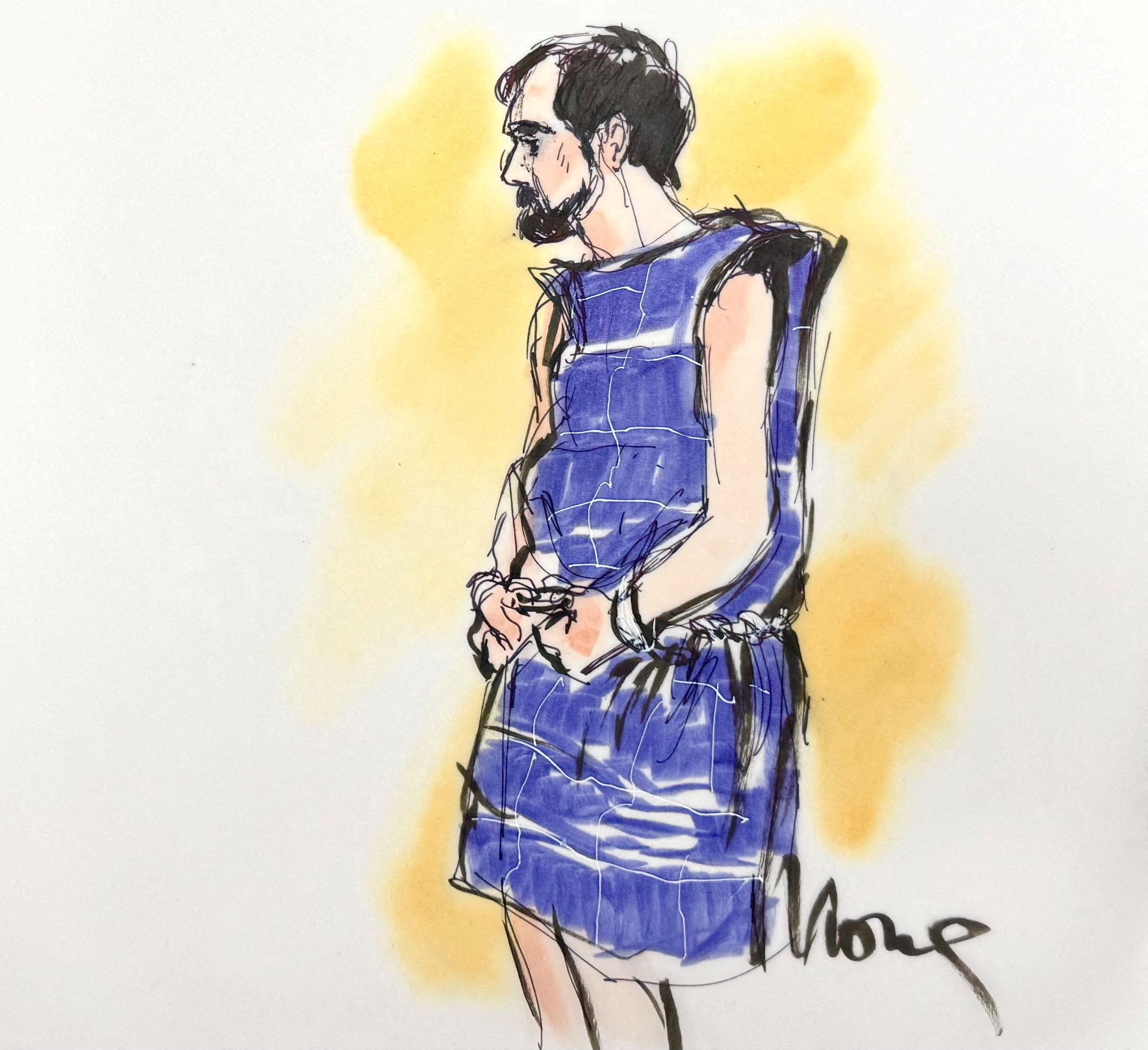 Illustration of Nick Reiner in a blue protective vest making his first court appearance on murder charges.