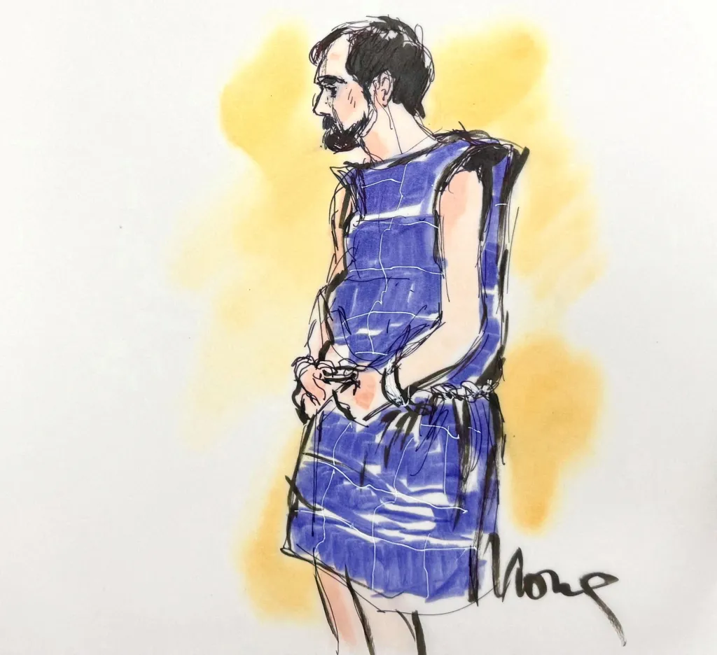 Illustration of Nick Reiner in a blue protective vest for his first court appearance on murder charges.