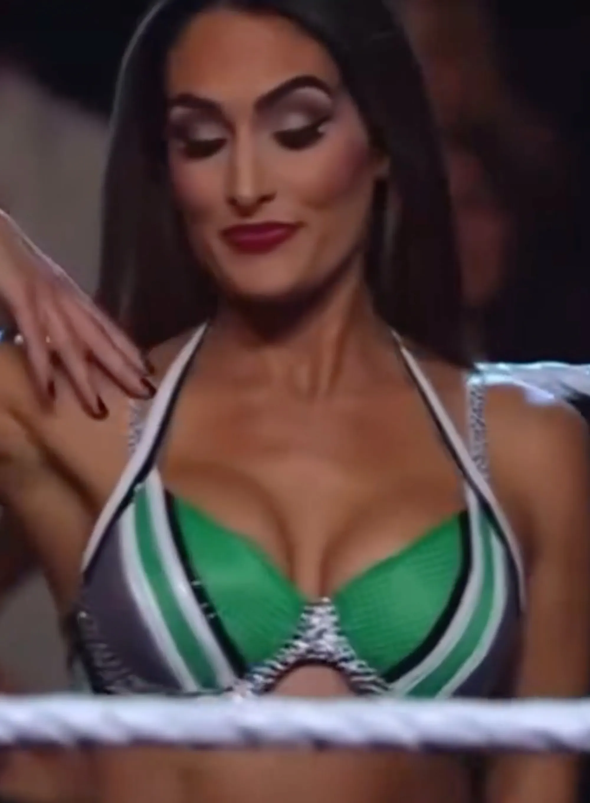 Nikki Bella in a green, white, and gray crystal-studded bikini top.