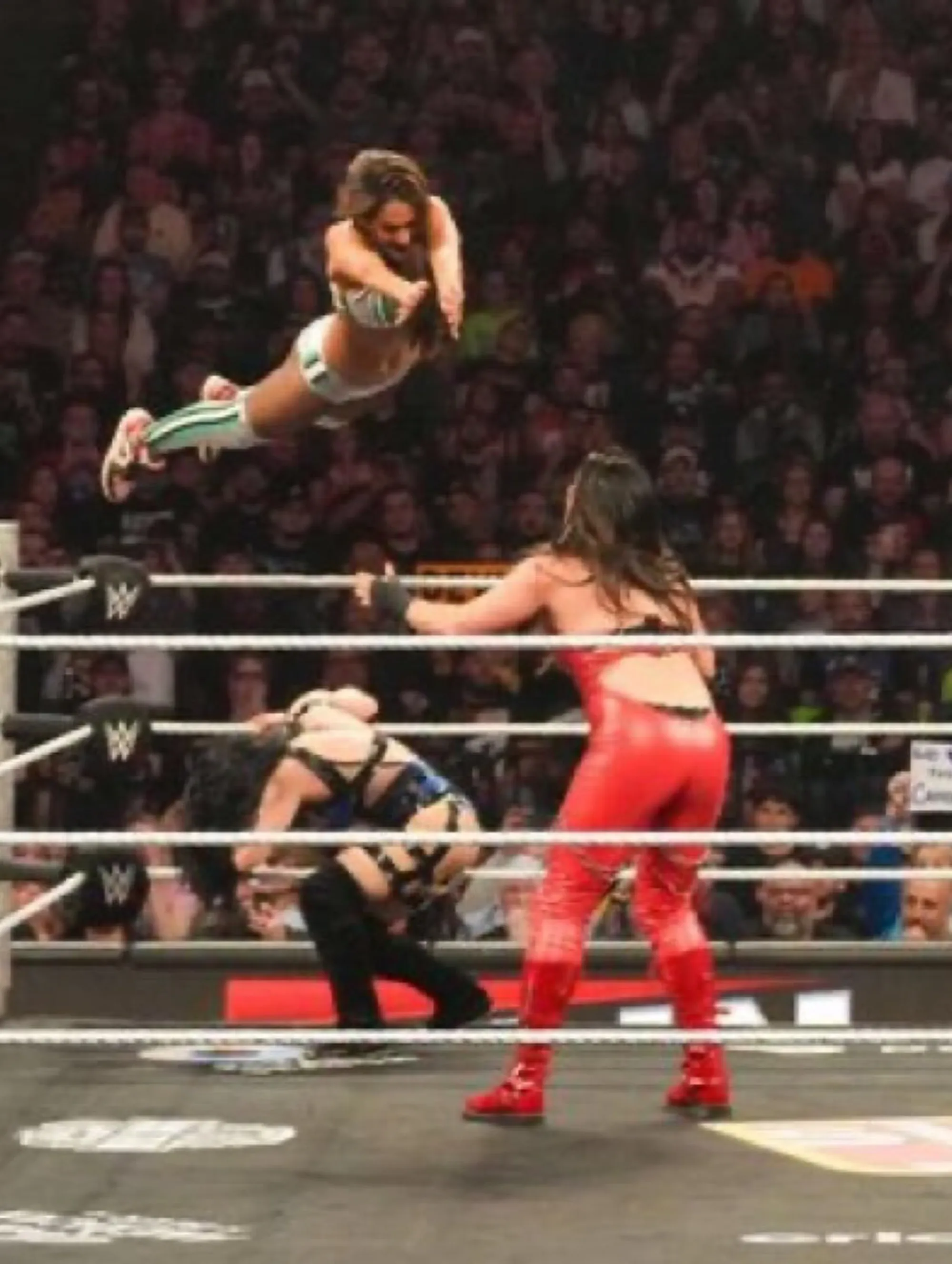 Nikki Bella mid-air during a WWE match.