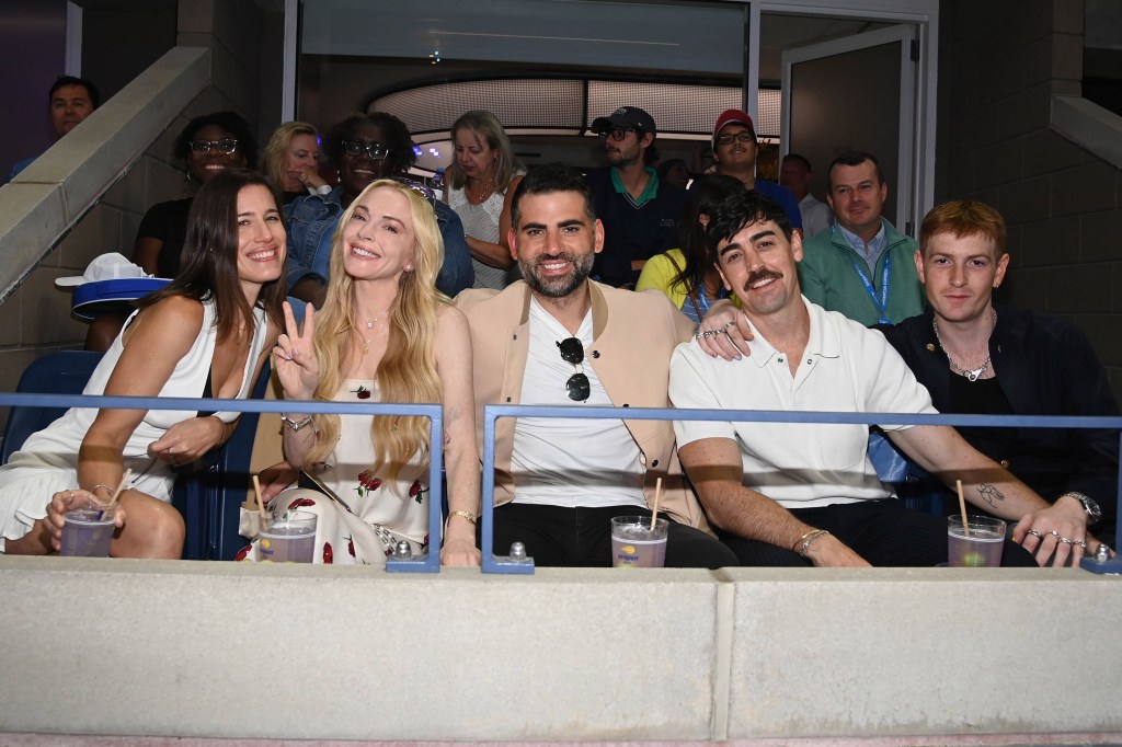 Nina Ginsberg, Lindsay Lohan, Bader Shammas, Michael Lohan Jr., and Dakota Lohan at the US Open.