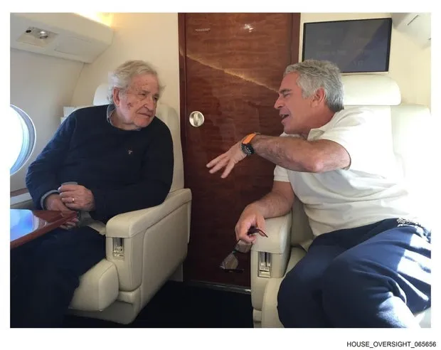 Noam Chomsky and Jeffrey Epstein sitting in a private jet.