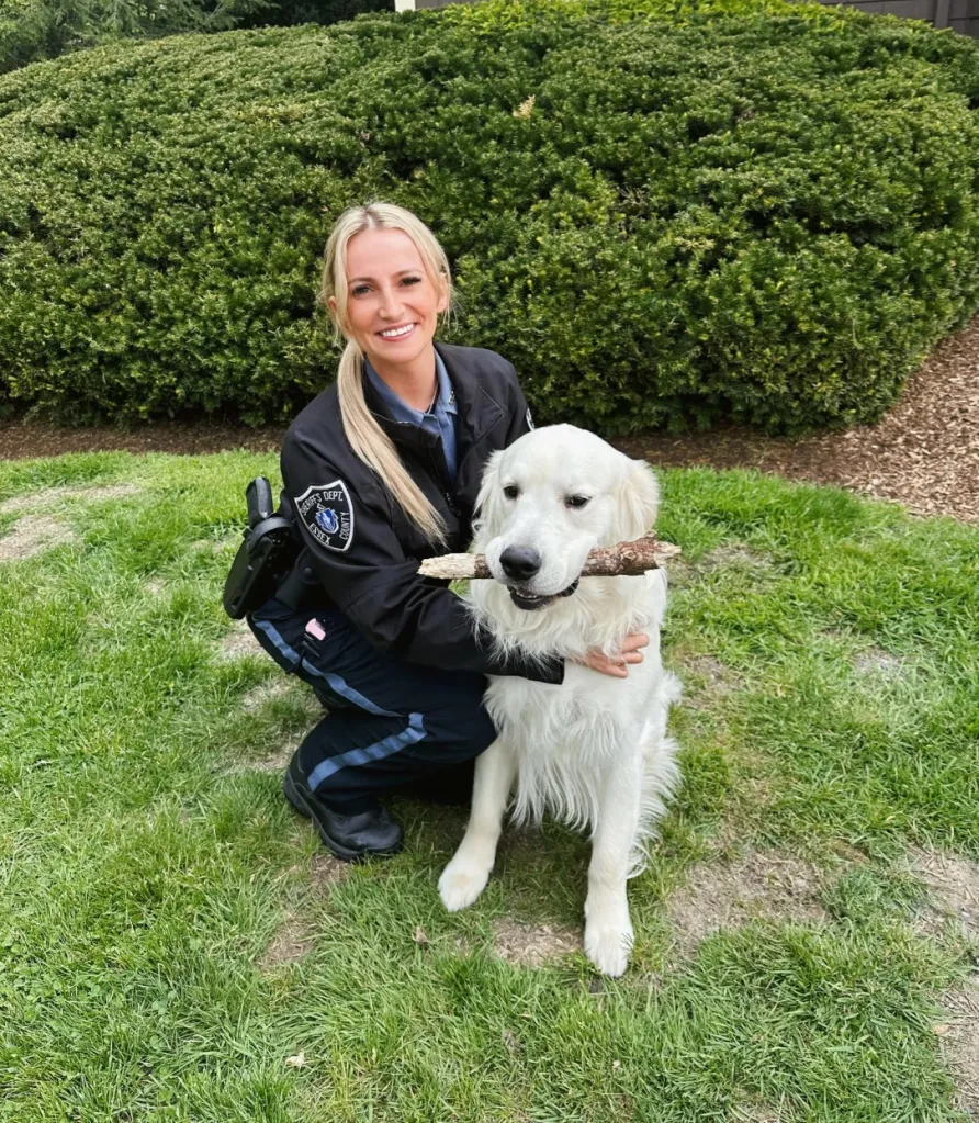 North Andover officer Kelsey Fitzsimmons with a white dog holding a stick.