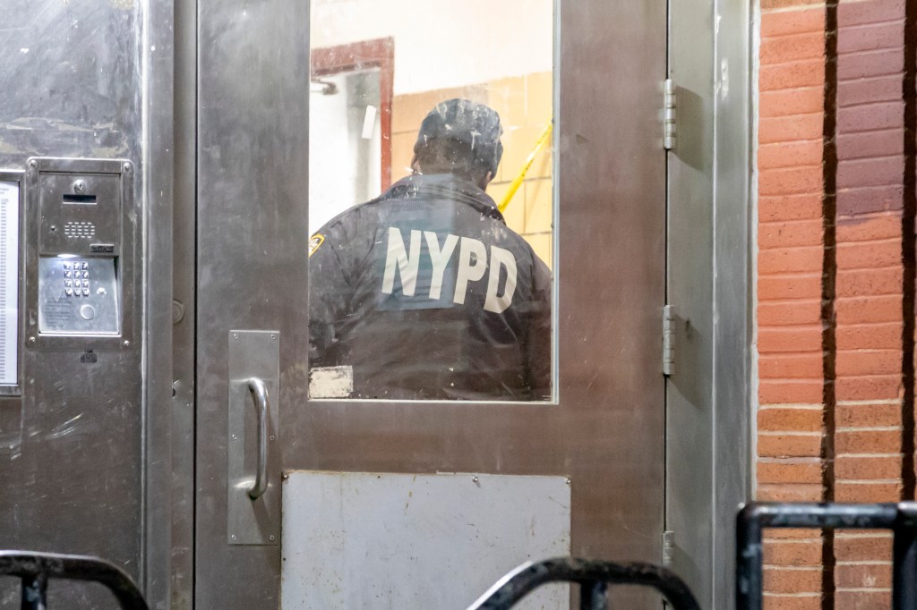 NYPD officer in uniform viewed from behind through a glass door.