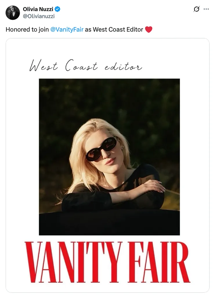Olivia Nuzzi X post announcing her new role as West Coast Editor for Vanity Fair.