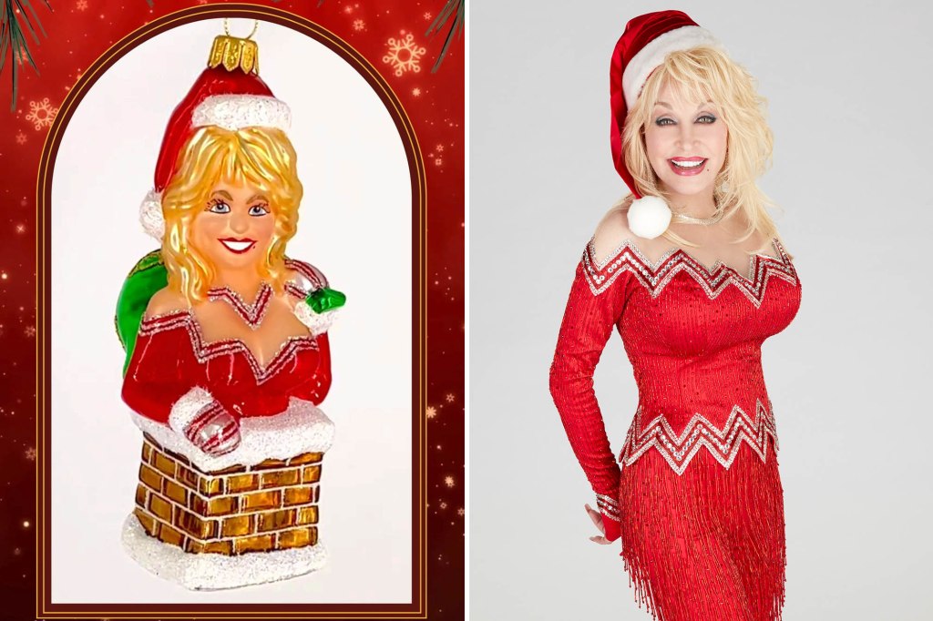 Collage of a Dolly Parton Christmas ornament next to a photo of Dolly Parton in a red Santa outfit.