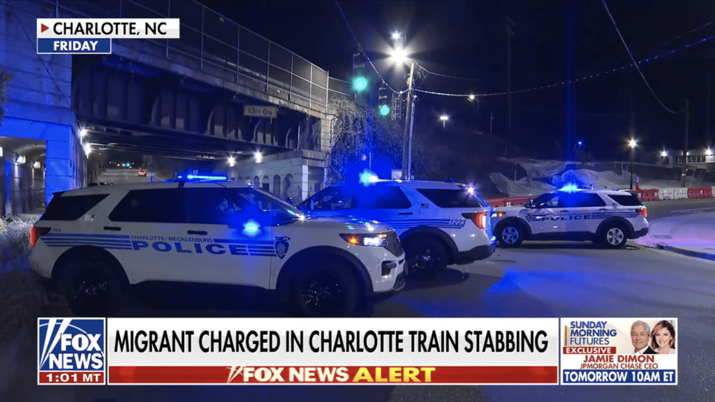 Police vehicles with flashing blue lights under an overpass at night, with text overlay