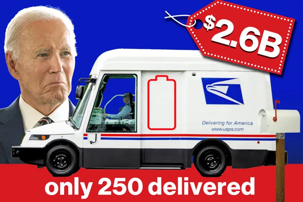 Collage of a photo of President Biden and an illustration of a USPS electric delivery vehicle, with text