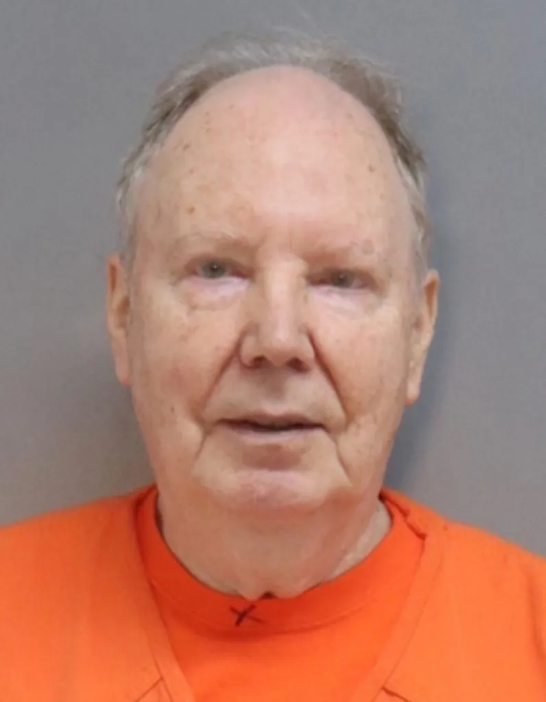 Mugshot of Patrick Galvani, an 81-year-old man, in an orange jumpsuit.