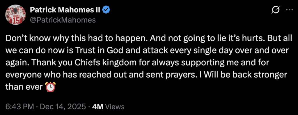 Screenshot of a tweet by Patrick Mahomes II about his injury.