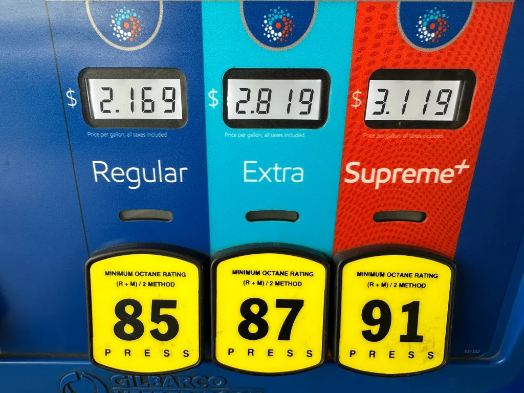 A gas pump displaying prices per gallon for Regular at $2.169, Extra at $2.819, and Supreme+ at $3.119.