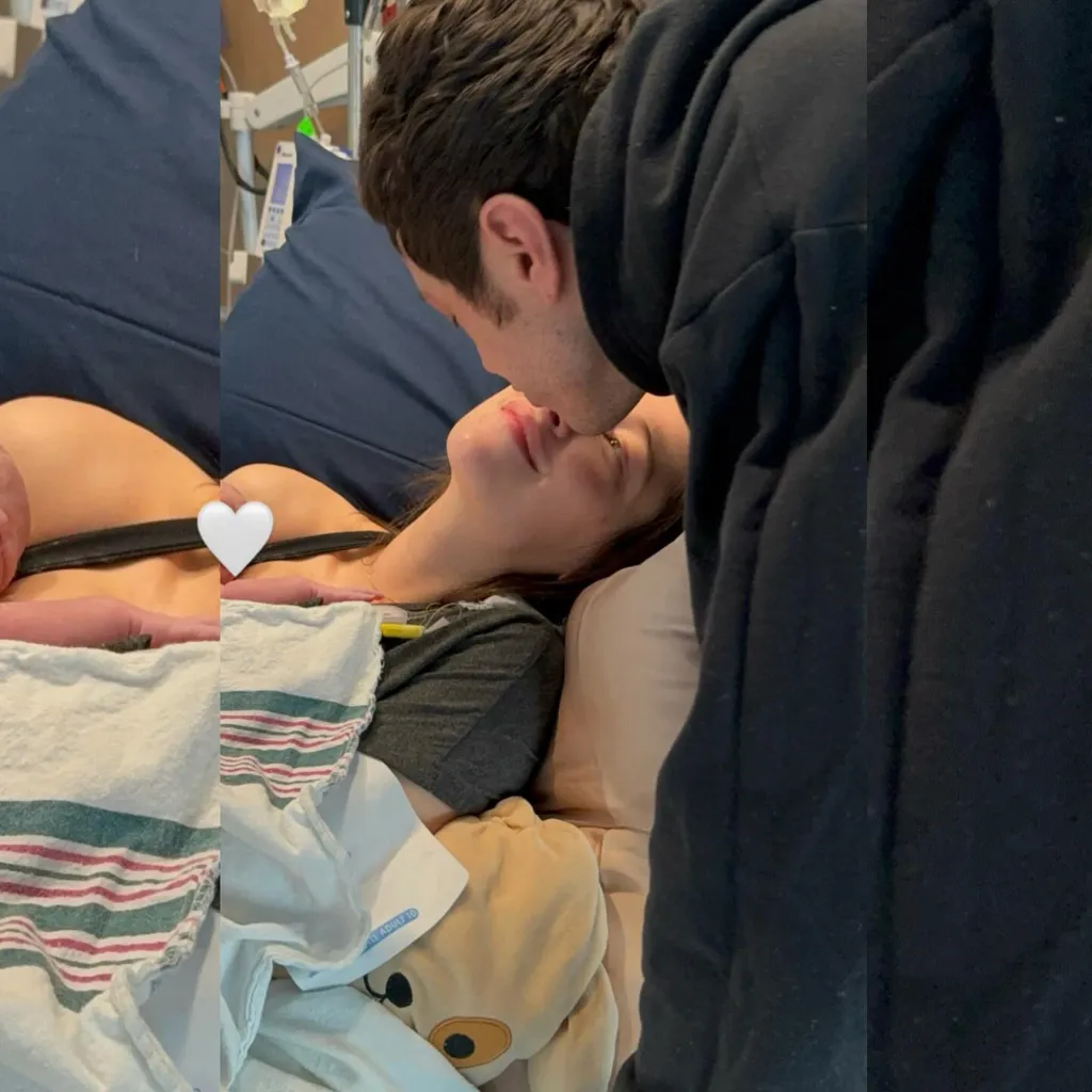 Pete Davidson kissing Elsie Hewitt in the hospital room with their newborn.