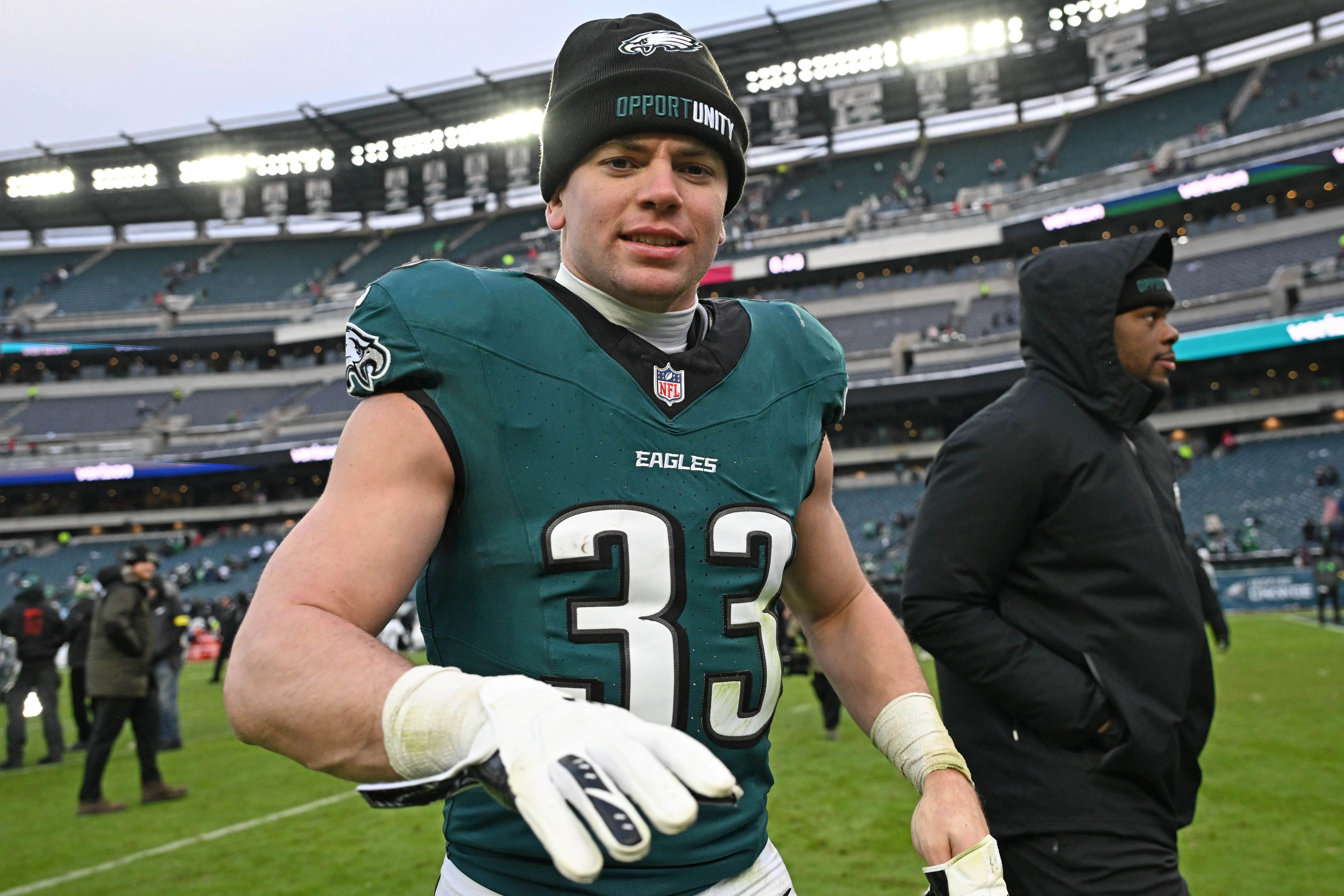 Philadelphia Eagles cornerback Cooper Dejean (33) walks off the field after a win against the Las Vegas Raiders.
