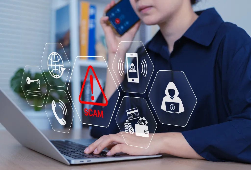 Illustration of a person on the phone and laptop with