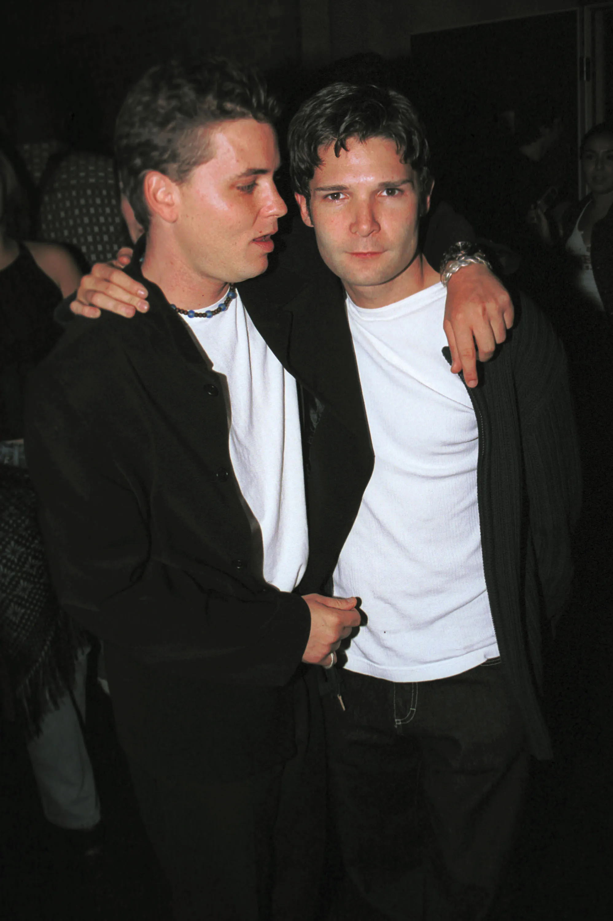 Actors Corey Haim and Corey Feldman posing outside Las Palmas club.