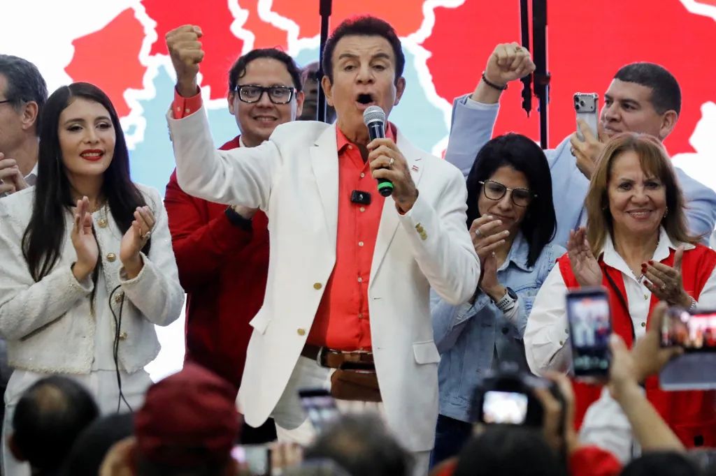 Presidential candidate Salvador Nasralla of Honduras' Liberal Party (PLH) speaks following early projections of the preliminary results of the general election in Tegucigalpa, Honduras, on Nov. 30, 2025.