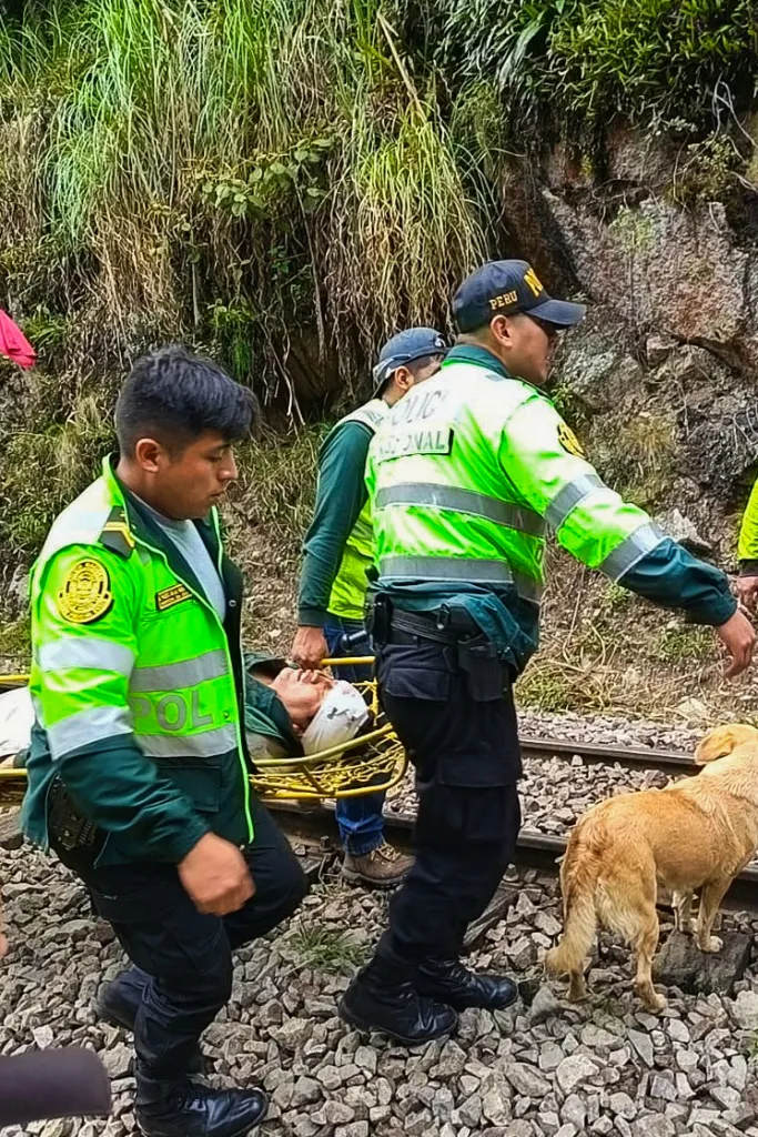 Police officers carry an injured passenger on a stretcher from a train collision site.